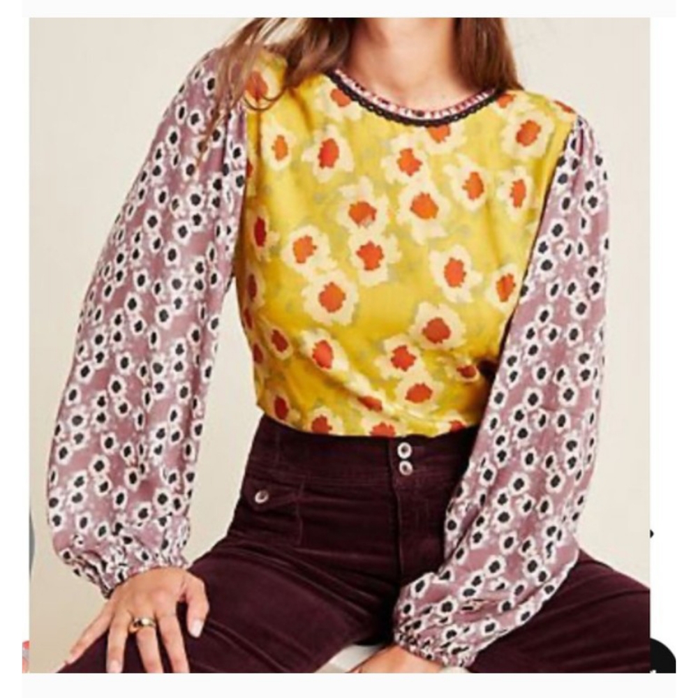 Blank London Mixed-Print Yellow Floral Blouse with Patterned Puff Sleeves